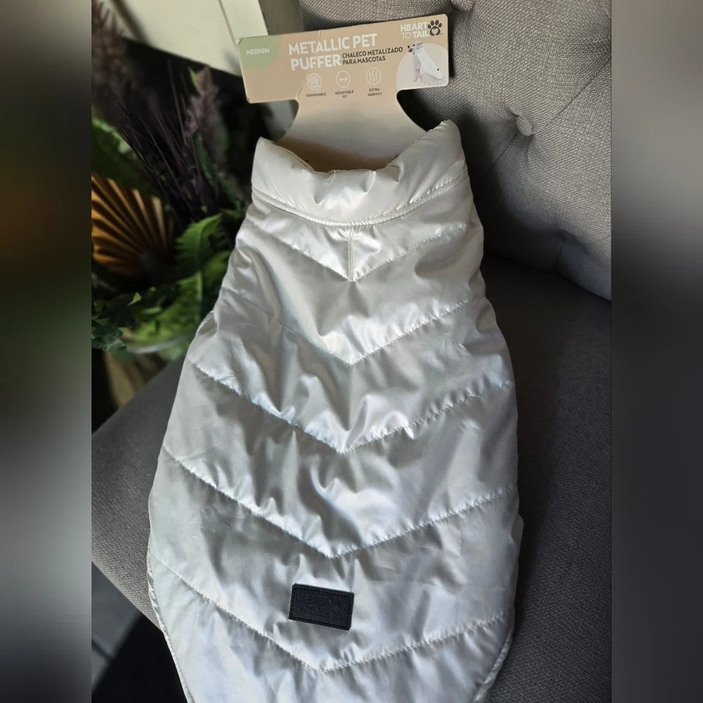 Heart‎ To Tail White Metallic Pet Puffer Jacket- Medium